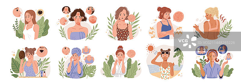 爱漂亮少女的肌肤问题与烦恼插画集合图片素材