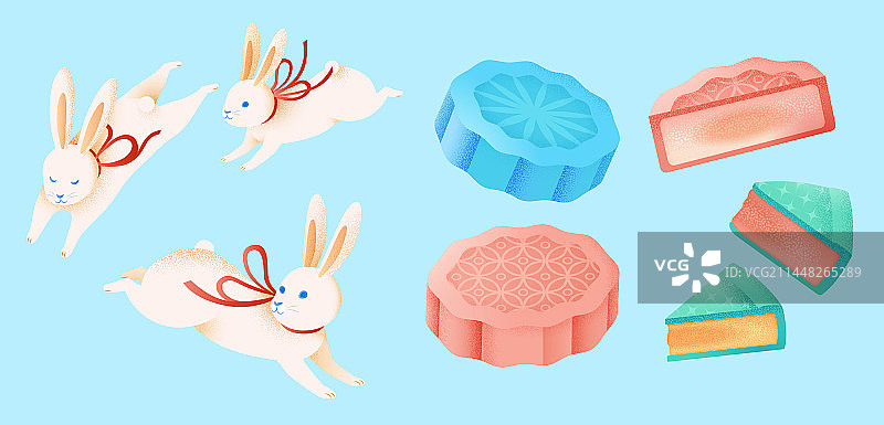 唯美中秋元素集合 跳跃的玉兔与彩色月饼图片素材