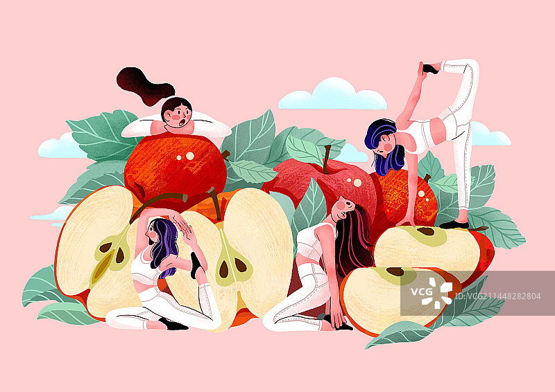苹果瑜伽扁平风健康插画图片素材