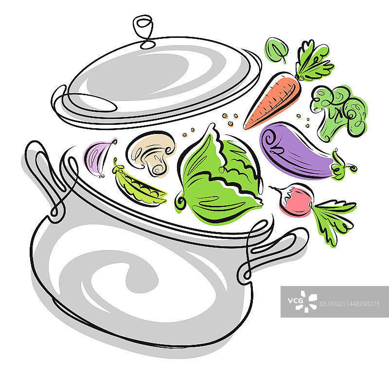 新鲜农场蔬菜和厨房锅具烹饪图片素材