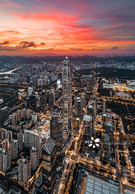 深圳市福田区CBD晚霞火烧云城市天际线航拍图片素材