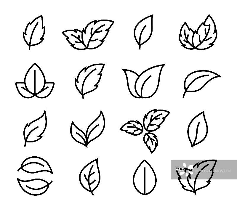 黑色树叶和树枝线性图标合集图片素材