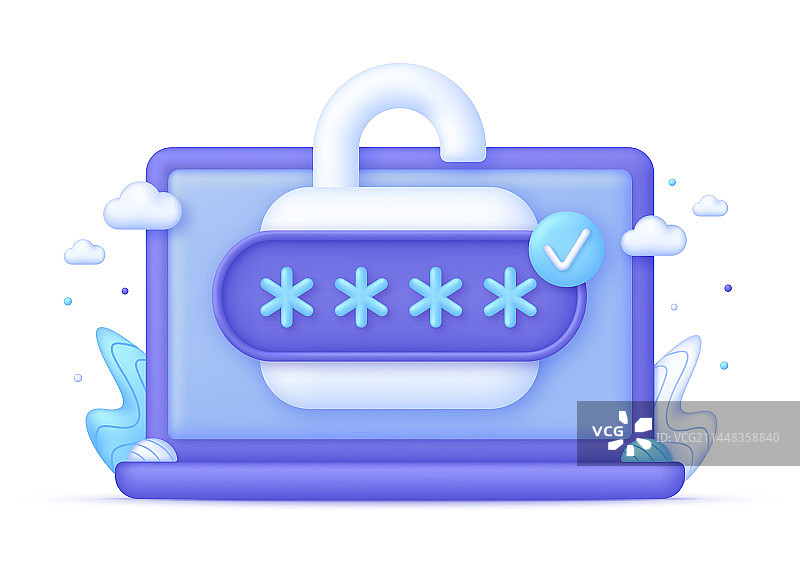 3D电脑和解锁的挂锁图片素材