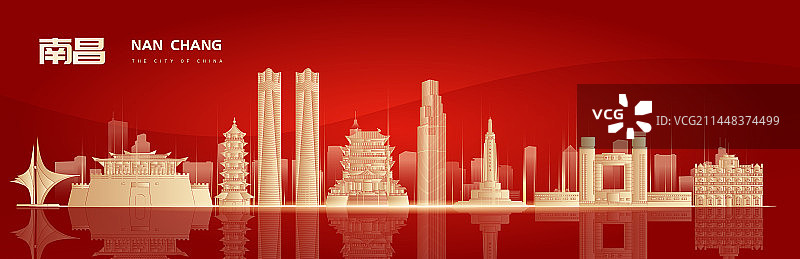 南昌城市地标建筑红色大气矢量插画海报图片素材