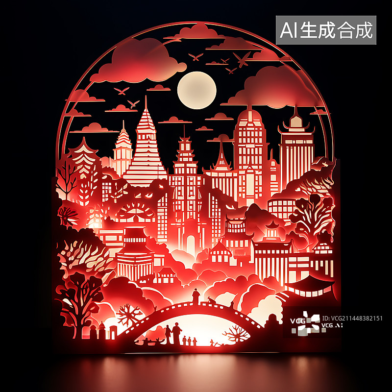【AI数字艺术】新年城市氛围剪纸镂空设计图片素材
