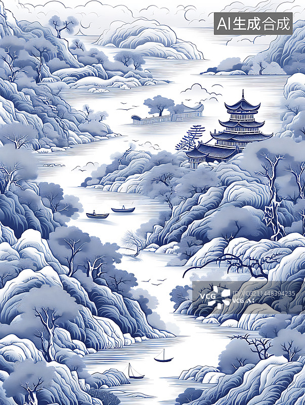 【AI数字艺术】蓝色线条风写意山水画图片素材