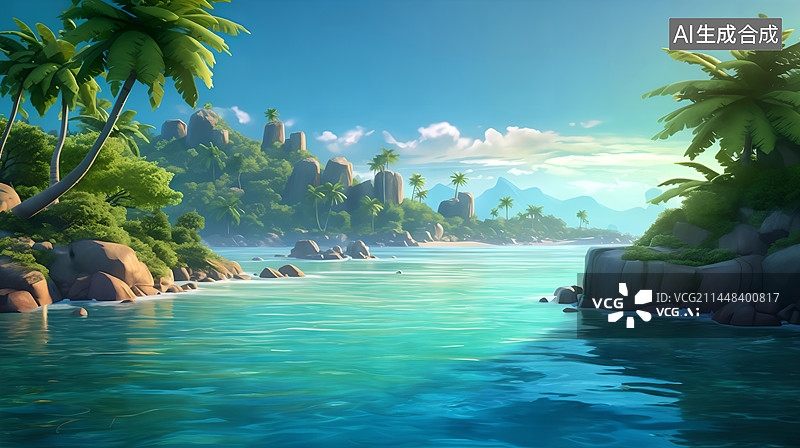 【AI数字艺术】海水海边沙滩石头椰子树天空3D写实插画图片素材