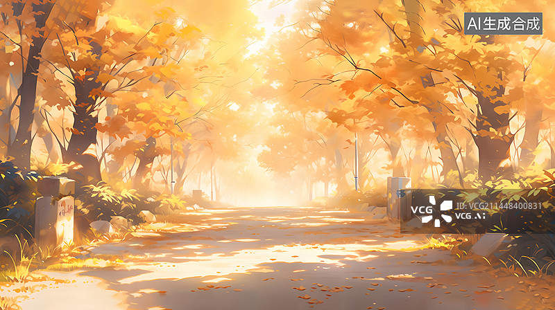 【AI数字艺术】秋天立秋枫树叶马路天空插画图片素材