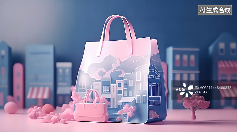 【AI数字艺术】手提包手提袋房子建筑模型图案3D插画图片素材