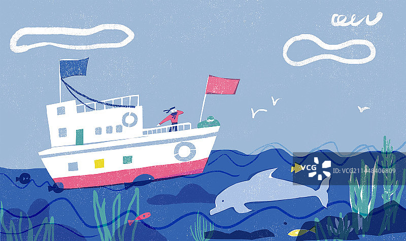 蓝色海洋上漂流航行的船舶插画图片素材