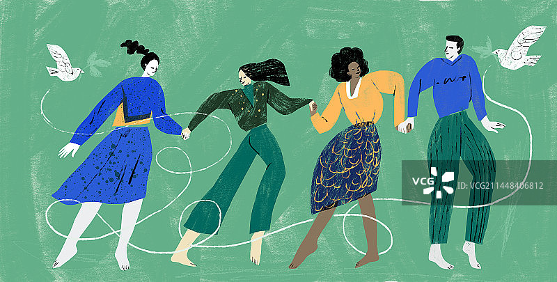 不同肤色的人在一起牵手舞蹈图片素材