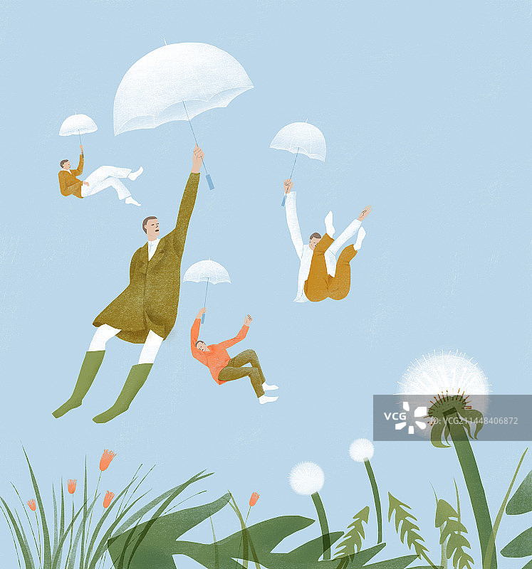 手拿雨伞降落的年轻人插画图片素材