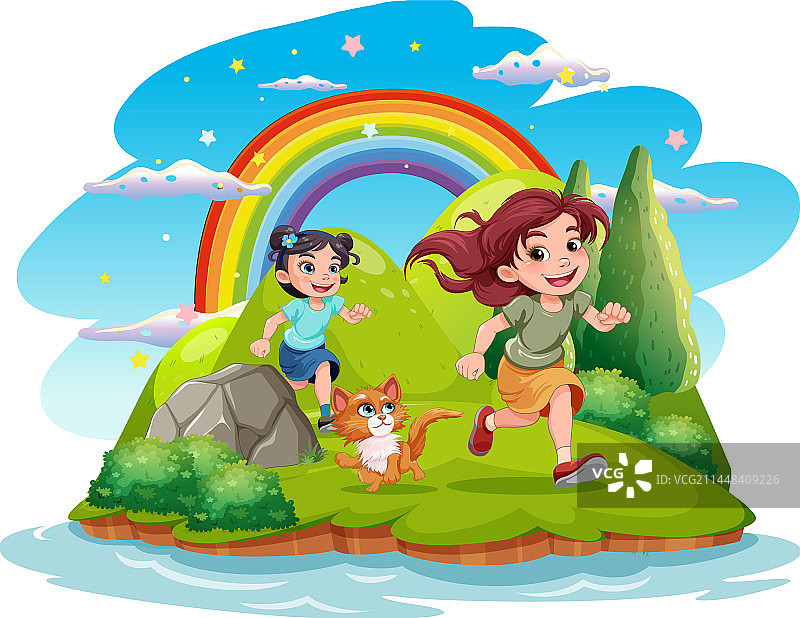 女孩与猫在自然背景下奔跑图片素材