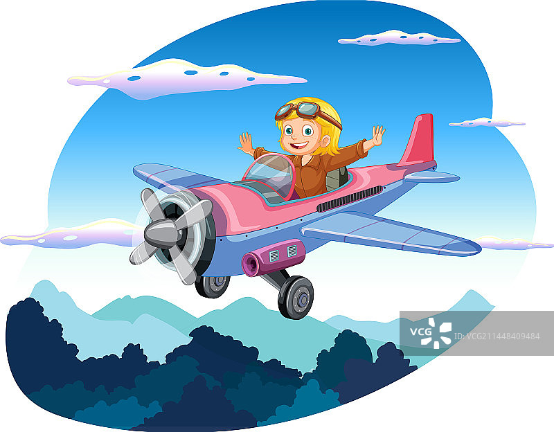 快乐女孩在天空中驾驶飞机图片素材