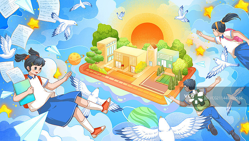 创意开学季校园插画图片素材