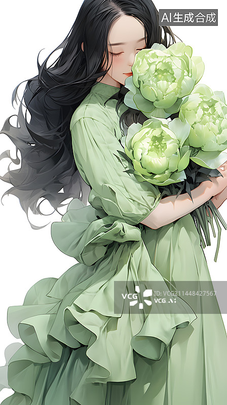 【AI数字艺术】森系抱着鲜花的女孩图片素材