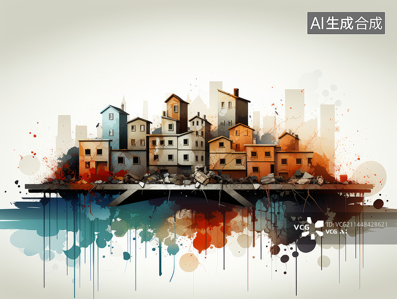 【AI数字艺术】住宅建筑房地产萧条主题插画图片素材