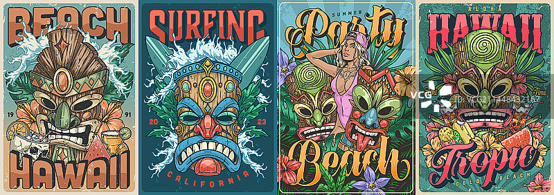 夏威夷旅游彩色套装海报图片素材