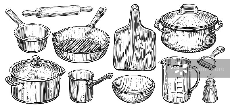 复古雕刻风格的厨房用具套装图片素材