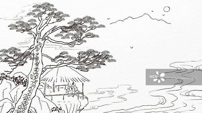 诗词歌赋水墨山水钢笔画风景插画图片素材