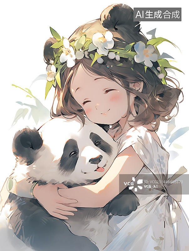 【AI数字艺术】一个可爱的女孩抱着一只小熊猫图片素材