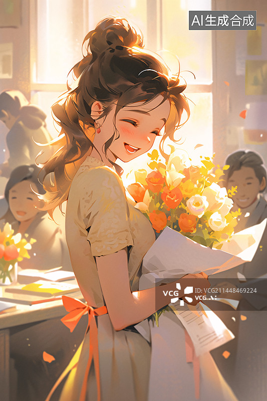 【AI数字艺术】小女孩在教室里给老师献花教师节插画图片素材