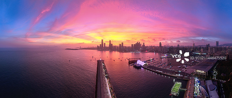 山东青岛市市北区浮山湾晚霞落日夕阳夜景图片素材