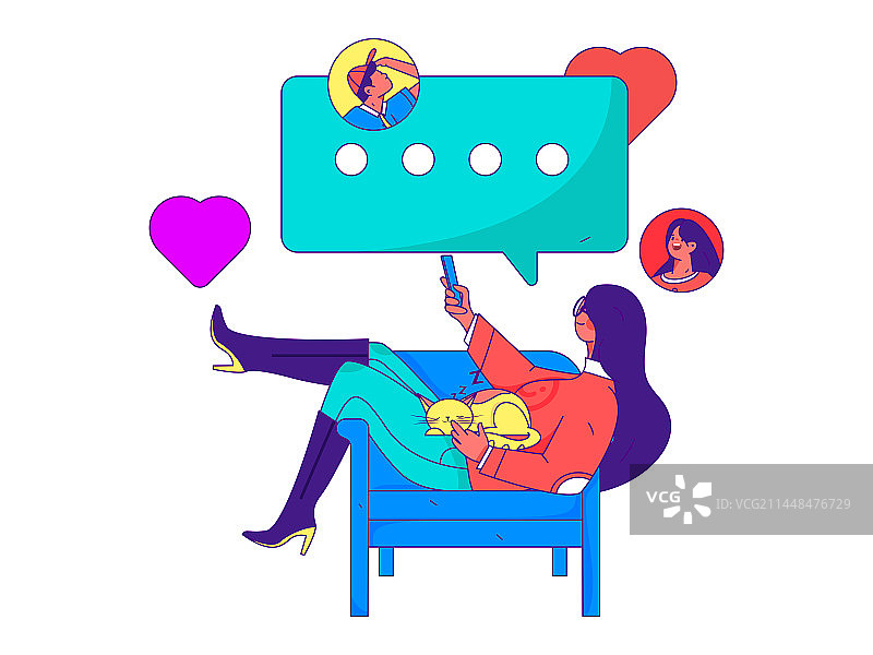 朋友通过虚拟网络社交沟通商业扁平矢量场景插画图片素材