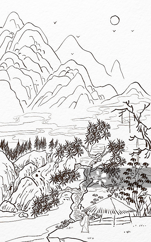 诗词歌赋配图水墨山水钢笔画风景插画图片素材