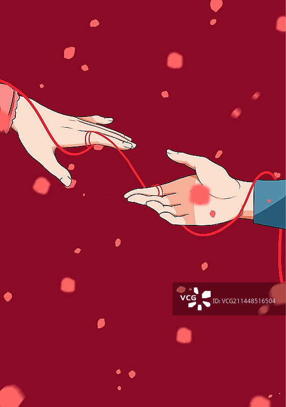 红色花瓣背景下被红绳缠绕着的紧握的手插画图片素材