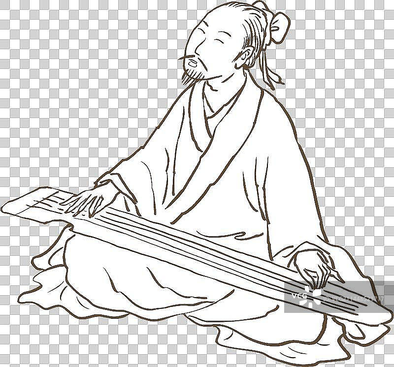 演奏古琴的古人水墨线稿国画人物元素图片素材
