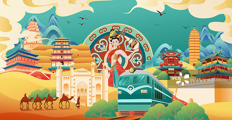 国风一带一路丝绸之路敦煌飞天矢量插画海报图片素材