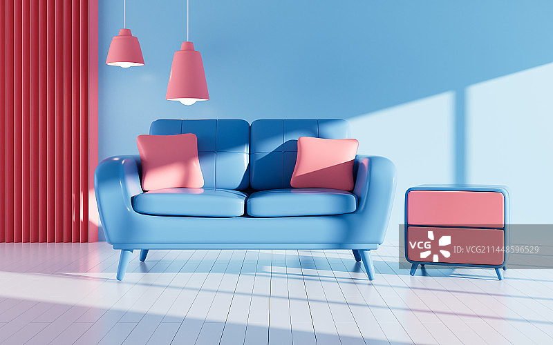 室内几何建筑与沙发背景3D渲染图片素材