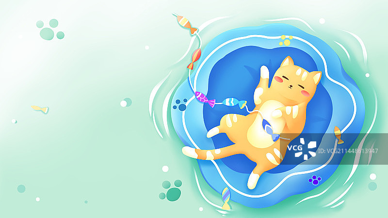 猫咪悠闲的睡在水中漂浮的圆垫上，淡雅绿色清新手绘萌宠插画图片素材