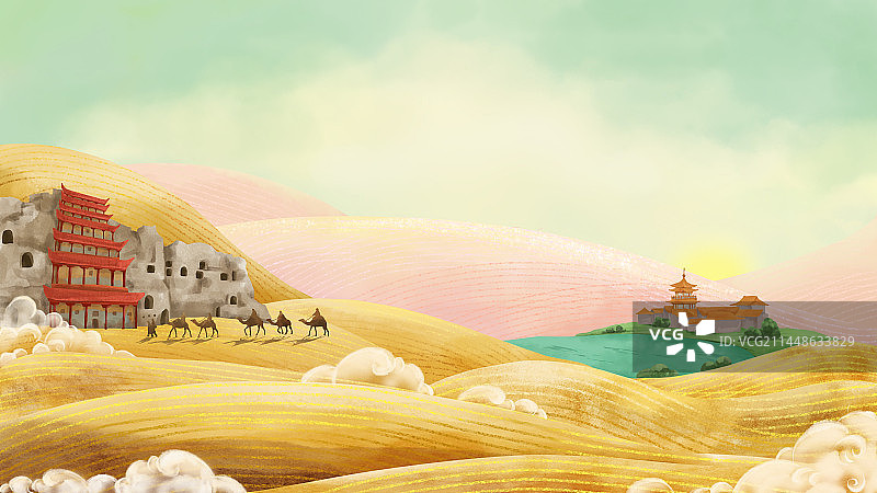 复古手绘敦煌丝绸之路水墨画背景板图片素材