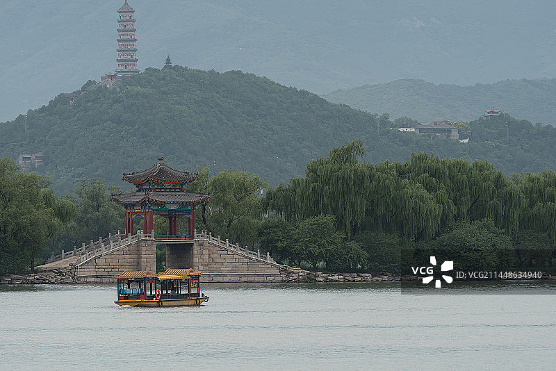 黄昏时分的颐和园西堤练桥和玉泉山玉峰塔图片素材