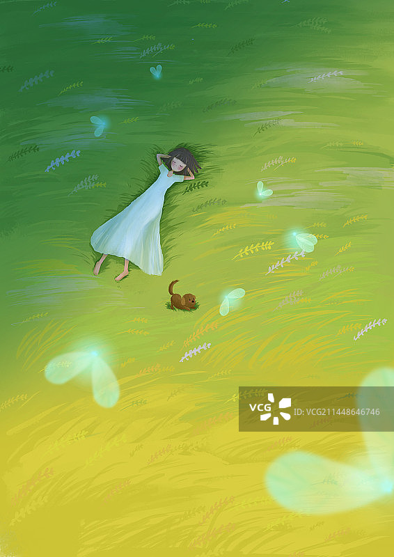 草地上休息的女孩插画图片素材