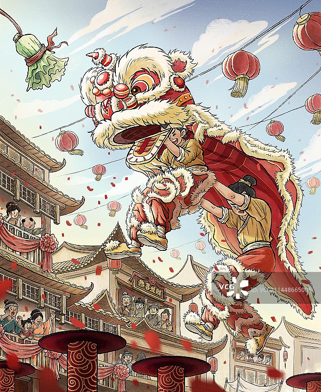 新年春节高桩醒狮高杆舞狮采青图片素材