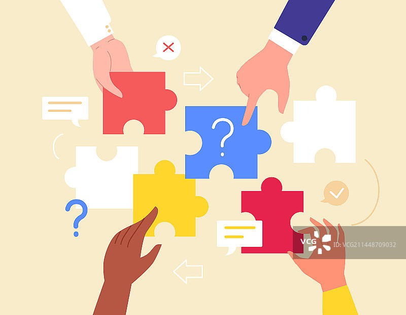 手拿拼图，人们共同解决问题卡通图片素材
