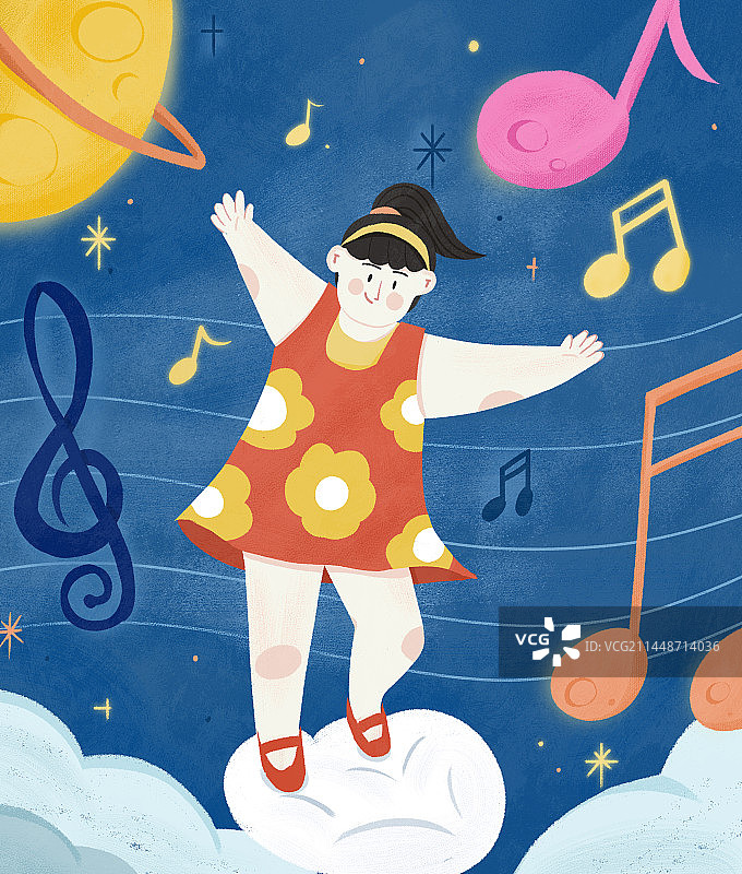 音乐女孩手绘扁平插画-云中起舞图片素材
