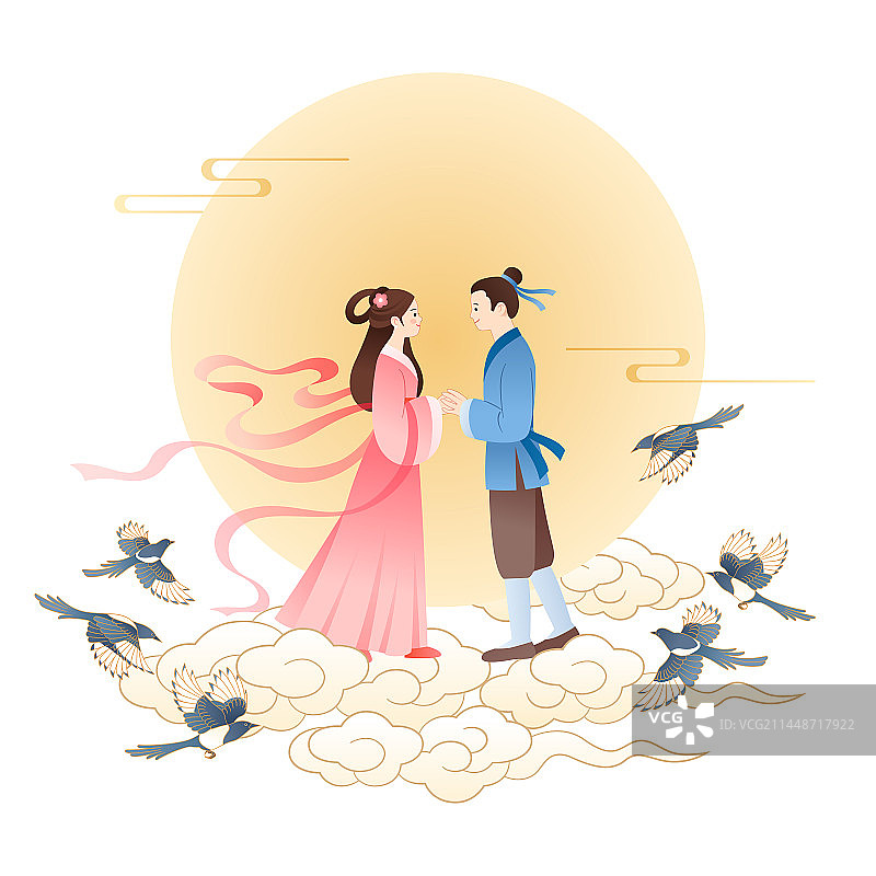 七夕节牛郎织女鹊桥相会中国风国潮矢量插画图片素材