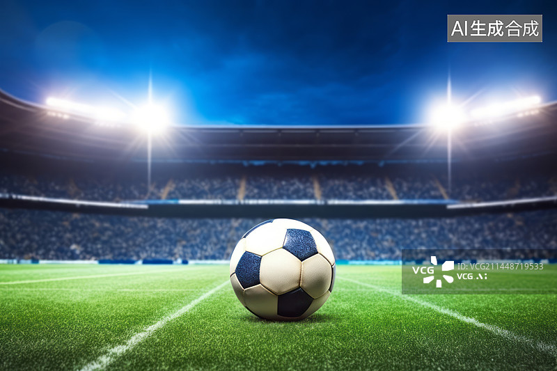 【AI数字艺术】灯光下的体育场足球场草地与足球图片素材