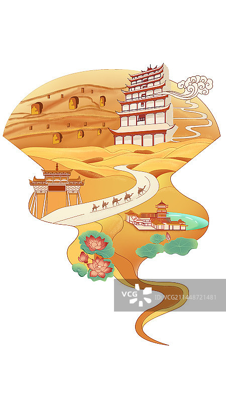 敦煌莫高窟扇形插画设计图片素材