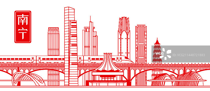 剪纸风格广西南宁城市建筑插画图片素材