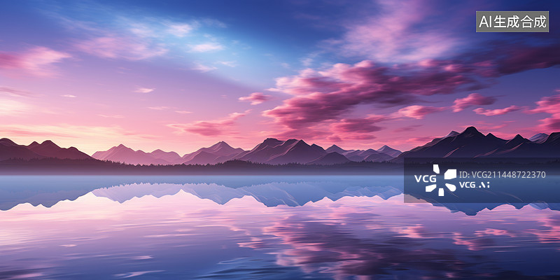 【AI数字艺术】远山水面倒影与蓝紫色天空背景图图片素材