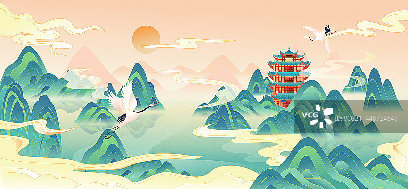 国风山水风景矢量插画海报图片素材