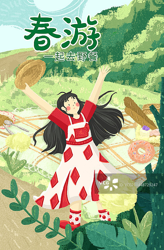 肌理插画 春游 竖构图图片素材