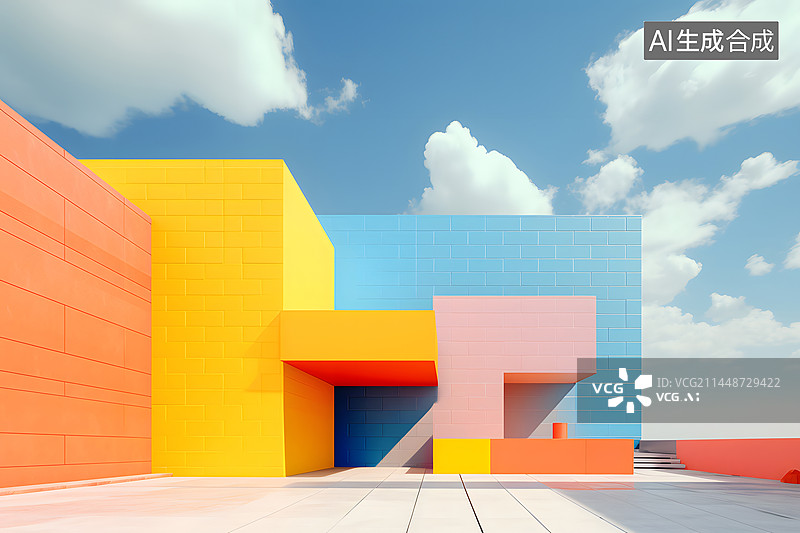 【AI数字艺术】多巴胺配色立方体建筑图片素材