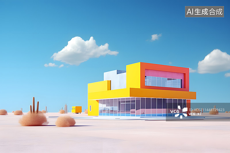 【AI数字艺术】多巴胺配色立方体建筑图片素材