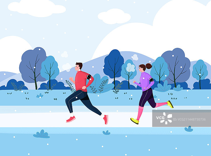 扁平插画青年男女在冬季的小路边跑步图片素材